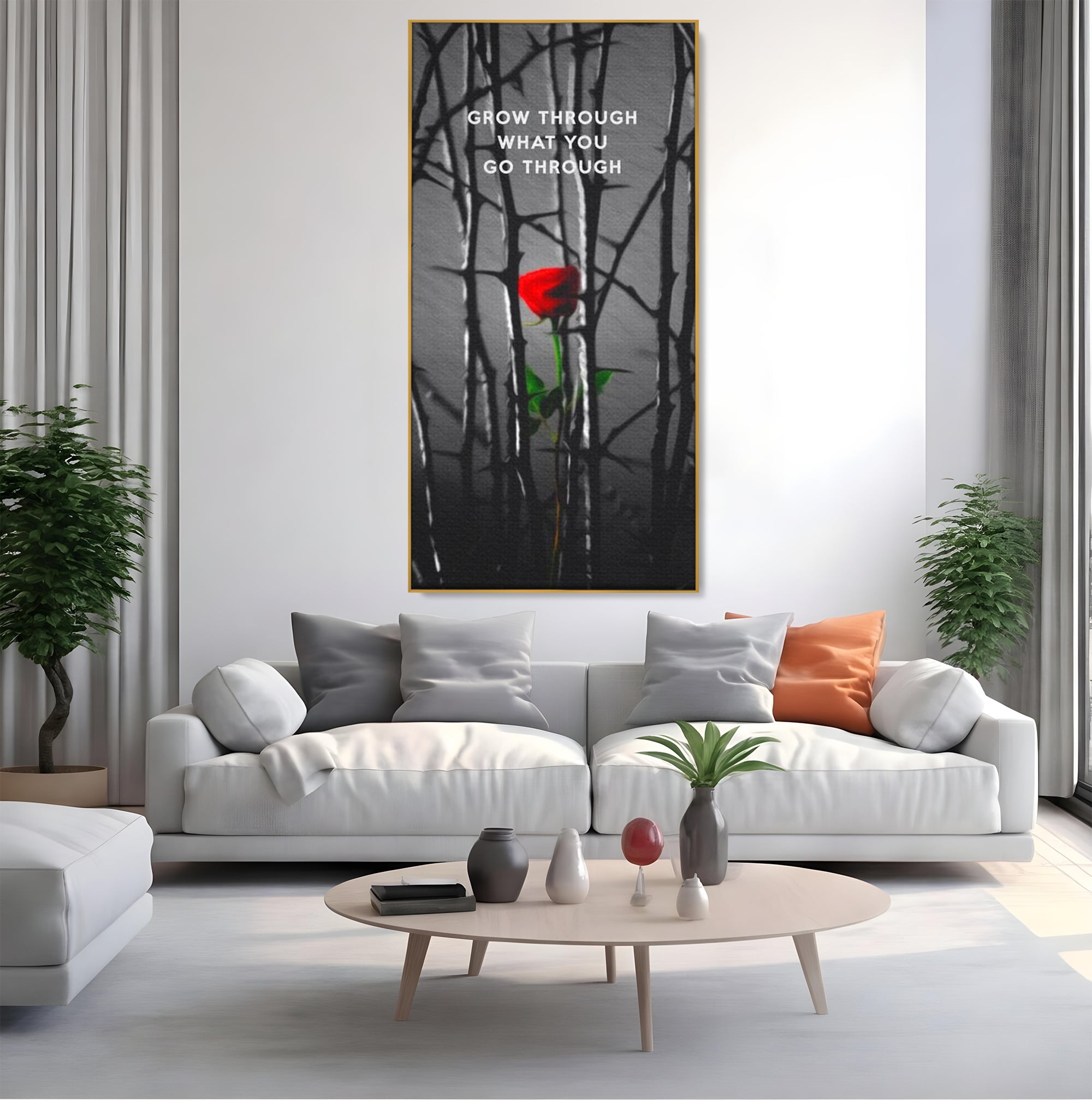 Tablou canvas cu tablou motivational cu trandafir rosu si spini, in rama de aluminiu auriu, pe perete intr-un living